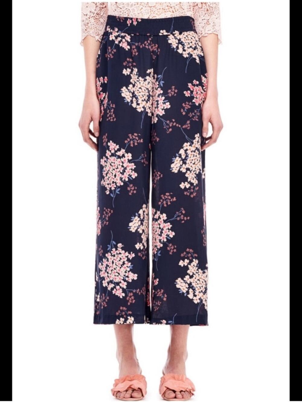 Rebecca Taylor Floral 100% Silk Wide Leg Pants Navy Pink Size Small
